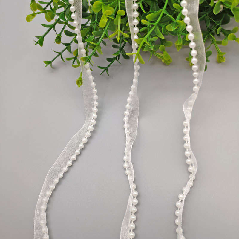 Description Picture 4 of item5Meters/Lot 1.2cm Chiffon Lace Ribbon with Fake Pearl DIY Apparel Sewing & Fabric Beaded White Lace Trimming Garment Tape