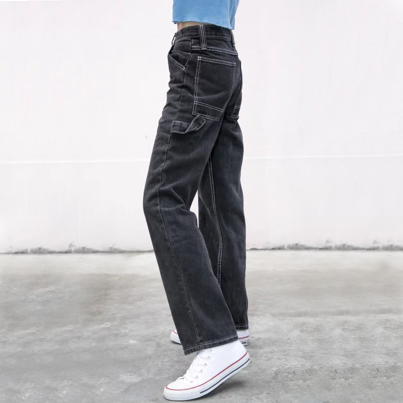 Women High Rise Faded Black Denim Jeans With White Stitching Straight Leg Denim Pants Jeans Aliexpress