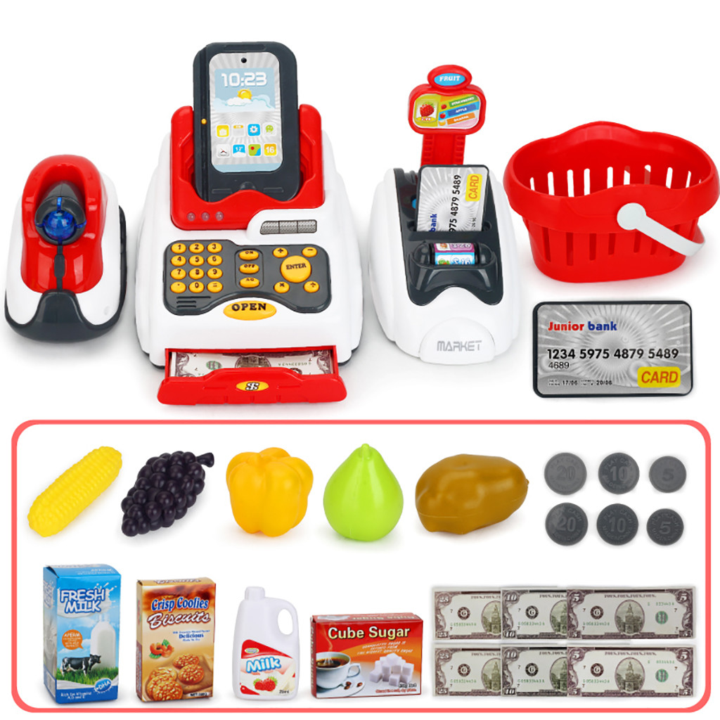 Spielzeug Registrierkasse für Kinder Kasse Scanner Obst Kartenleser Kreditkarte 