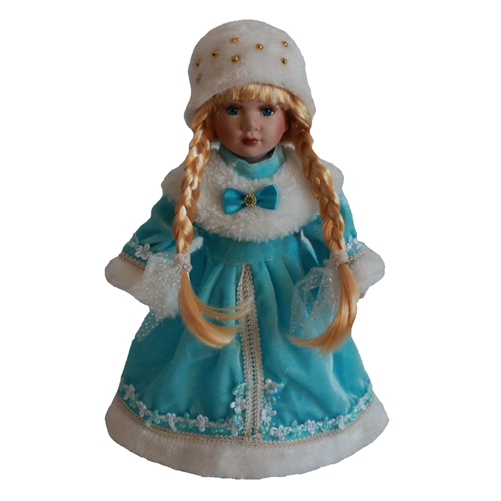 Porcelain doll collector's doll vintage with blue dressand about 30 cm tall