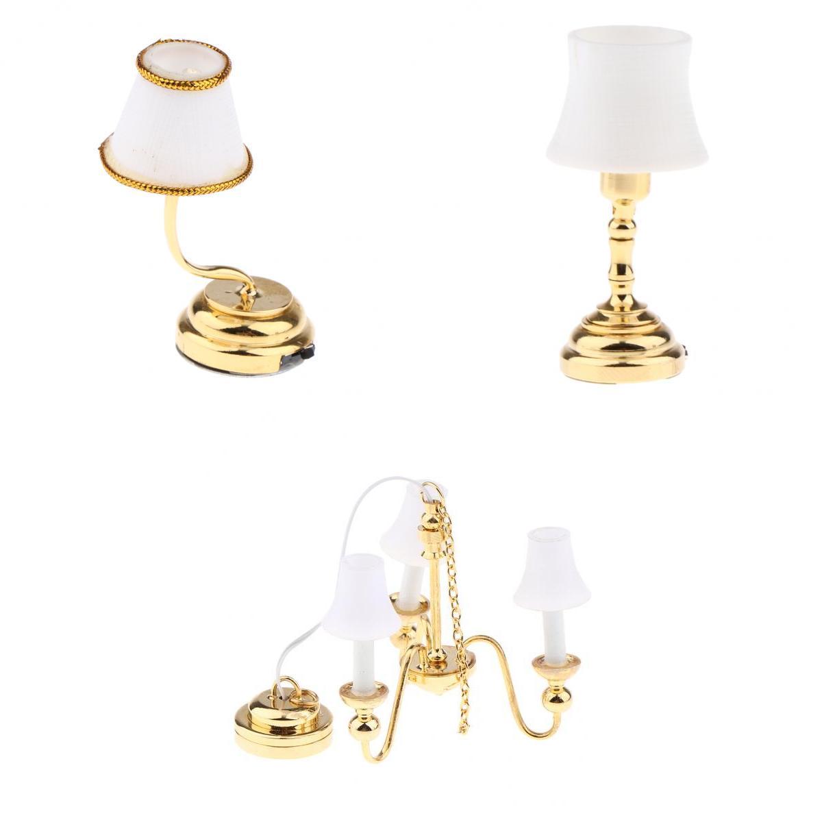 Gold Wing 1:12 Dollhouse Miniature Umbrella Shape Lampshade LED Floor Lamp