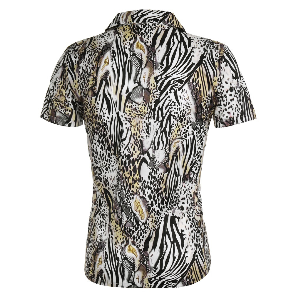 Summer Short Sleeve Leopard Print Shirt Men Lapel Neck Loose Button Up Blouse Breathable 