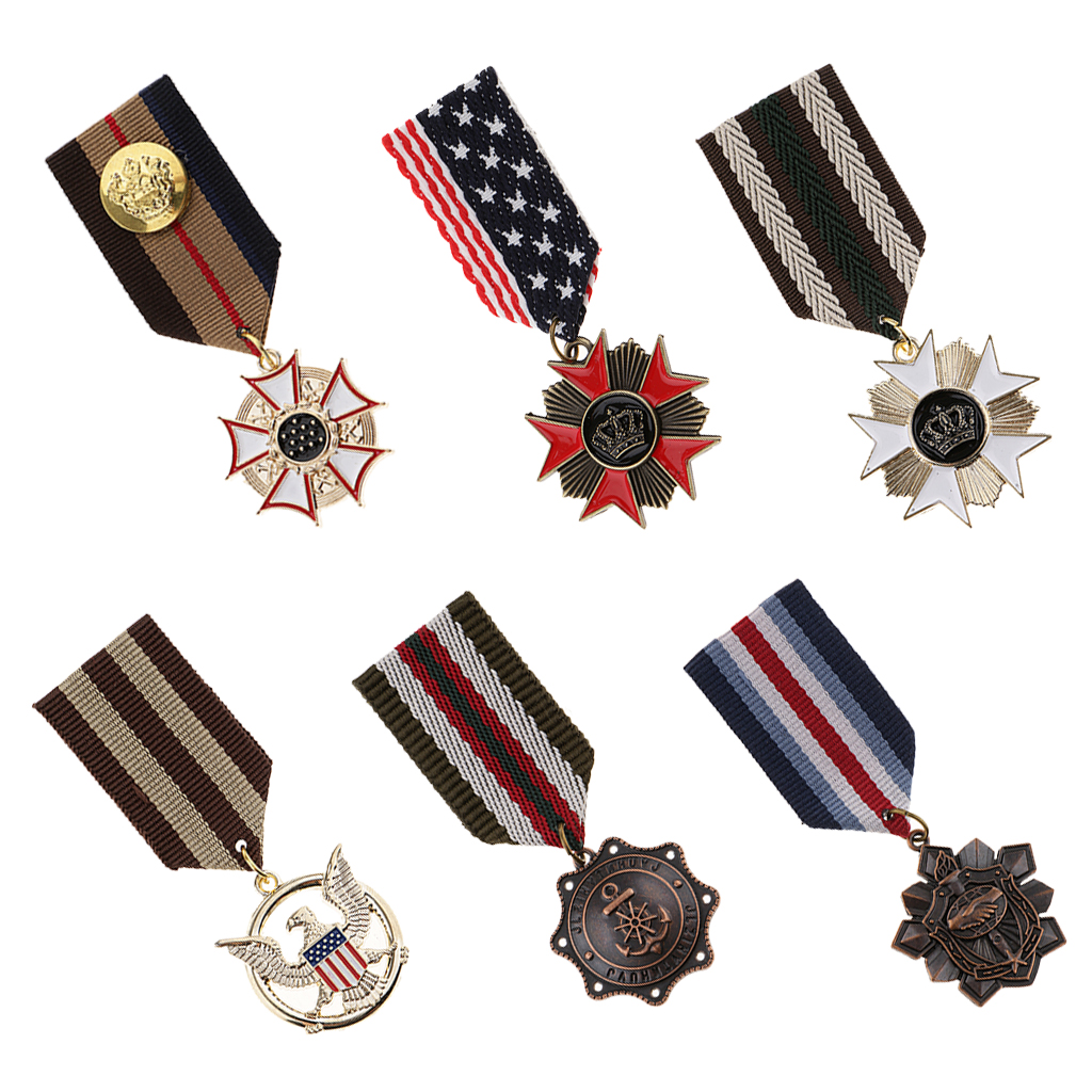6pcs Military Cosplay Vintage Fabric Striped Metal Medal Men Women Badge Pin