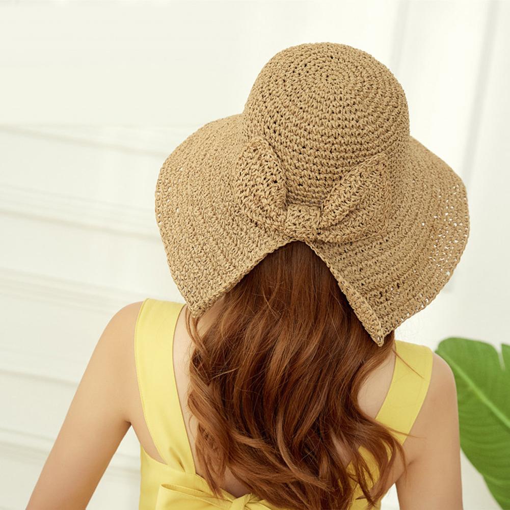 XQxiqi689sy Summer Handmade Woven Bow Sun Hat Floppy Brimmed Women Girl Straw Bucket Cap