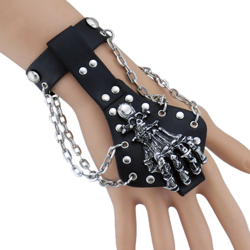 Mens Gothic Alloy Spike Skeleton Hand Wrap Leather Cuff Finger Ring Bracelet