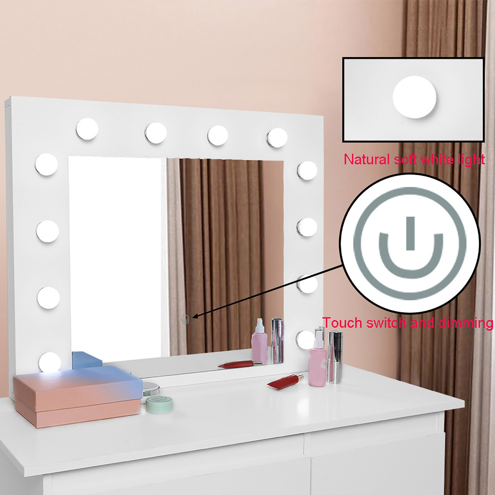 Tocador Led regulable con espejo iluminado y cuatro cajones, tocador