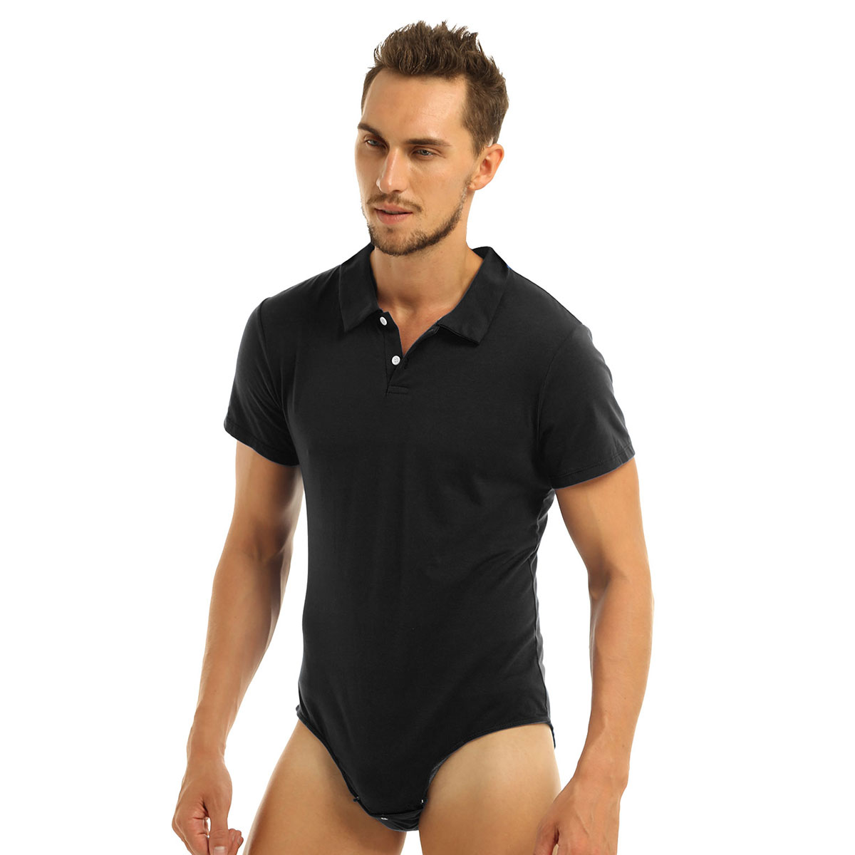 Description Picture 2 of itemSexy Mens Lingerie Diaper Lovers Adult Babies Shirt Bodysuit Short Sleeve Turn-down Collar Press Button Crotch Romper Pajamas