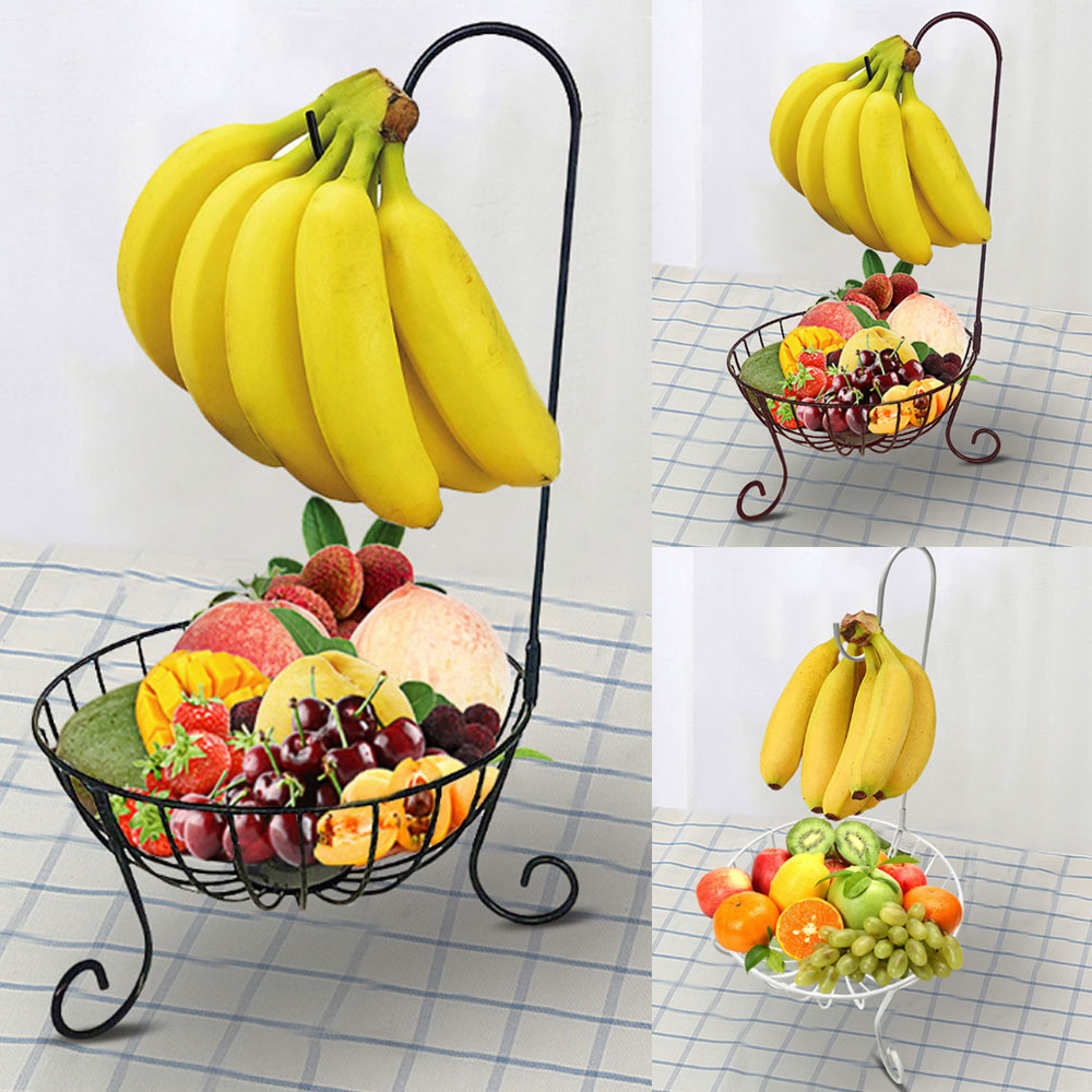 Metal Fruit Bowl With Banana Tree Hanger Hook Holder Storage Rack Basket Decor