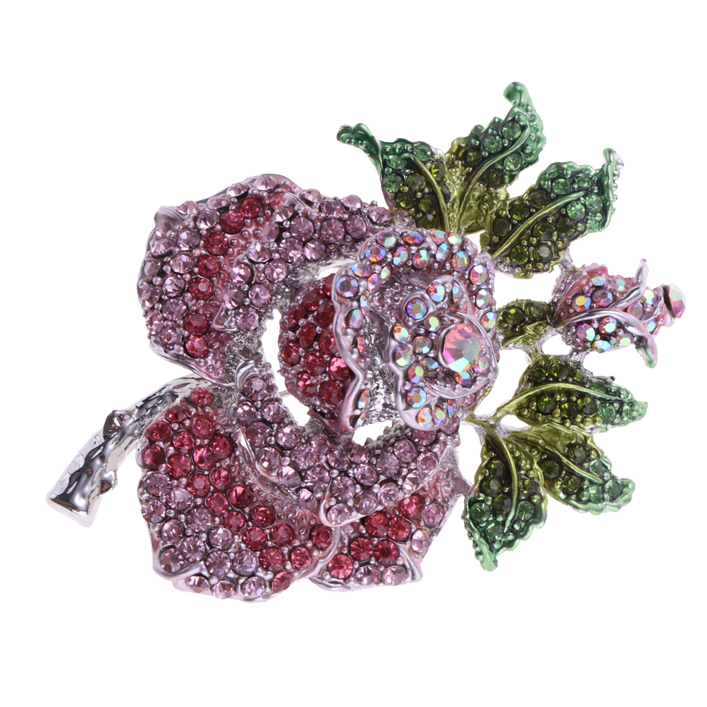 Rose flower brooch pink green enamel rhinestone vintage style pin in gift box 