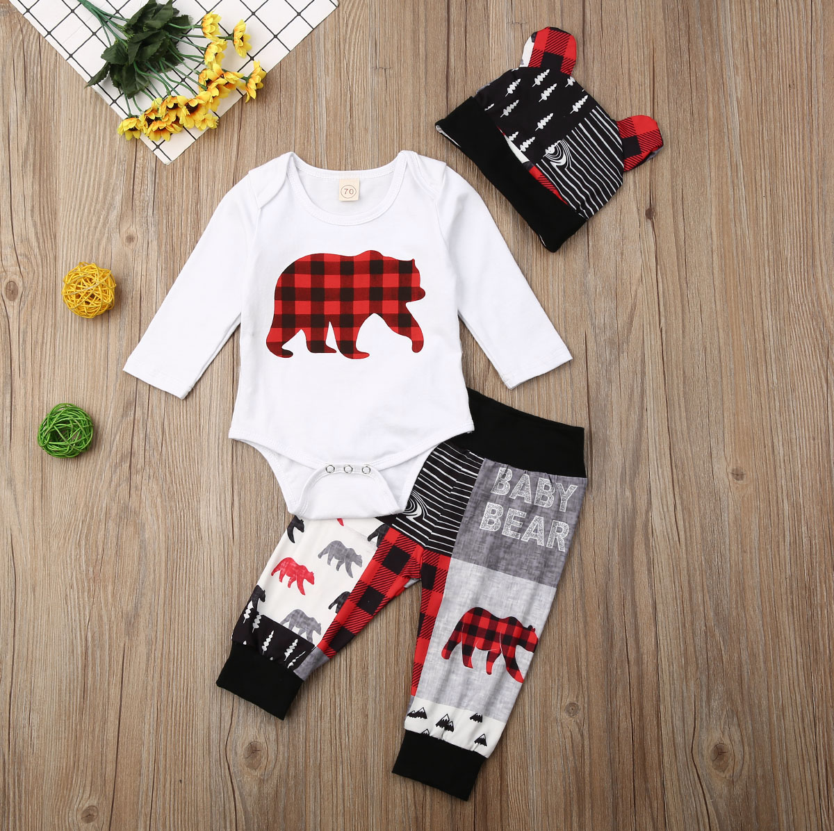 Description Picture 2 of itemCitgeett Fall Autumn 3PCS Newborn Baby Boy Girl Christmas Clothes Set Bear Print Romper Pants Outfits Spring Set