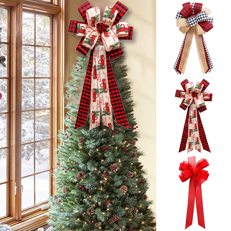 Buffalo Plaid Christmas Tree Topper Decor Red Black Burlap Bow Xmas Home Decor 