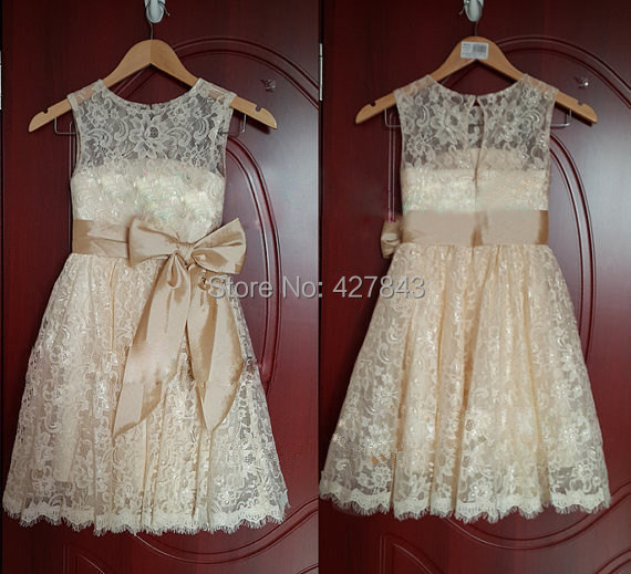1-Champagne White Ivory Lace Flower Girl Dress with Bow Sash Vintage Lace Flower Girl Dresses High Quality Girl Dress for Wedding