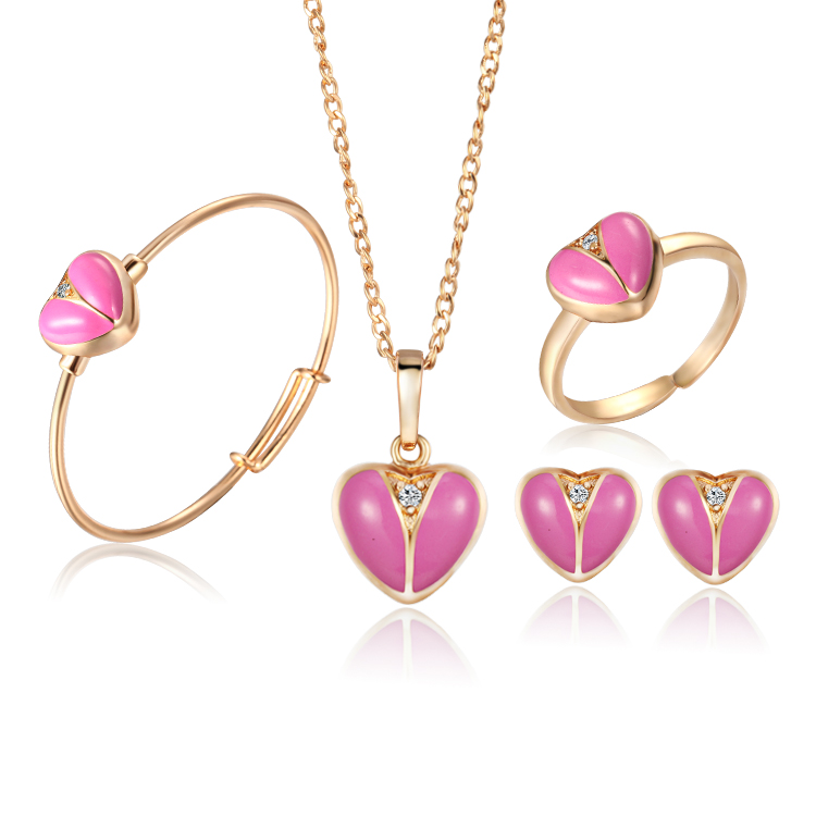Baby Jewelry Sets 18K Gold Plated Earrings Ring For Children Heart Pendant Necklace Set Bracelet