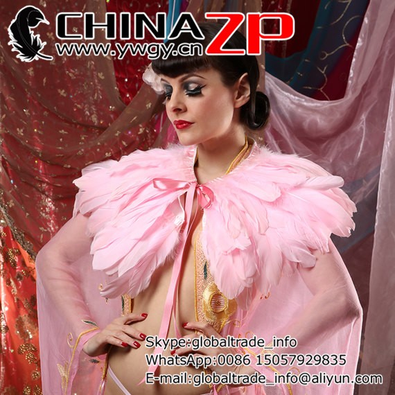 Pink feather cape ties with ribbon at front2
