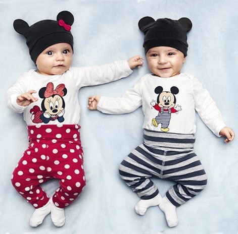 New cotton children cartoon mouse baby boys girls 3pcs clothing set Long sleeved baby Rompers hat
