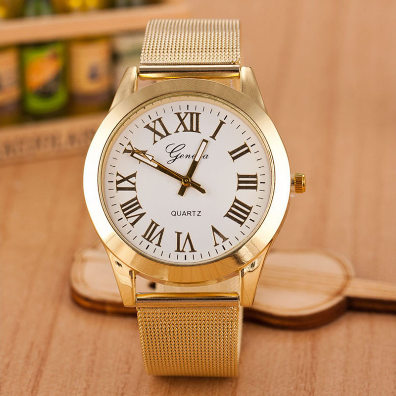 Newly Design 1PC Men Roman Numerals Quartz Golden Band Stainless Steel Wrist Watch 160105