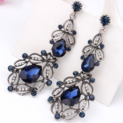 Image of 8 colors pick big long crystal drop earrings for women vintage flower style silver plated fine jewelry wedding accessories hot