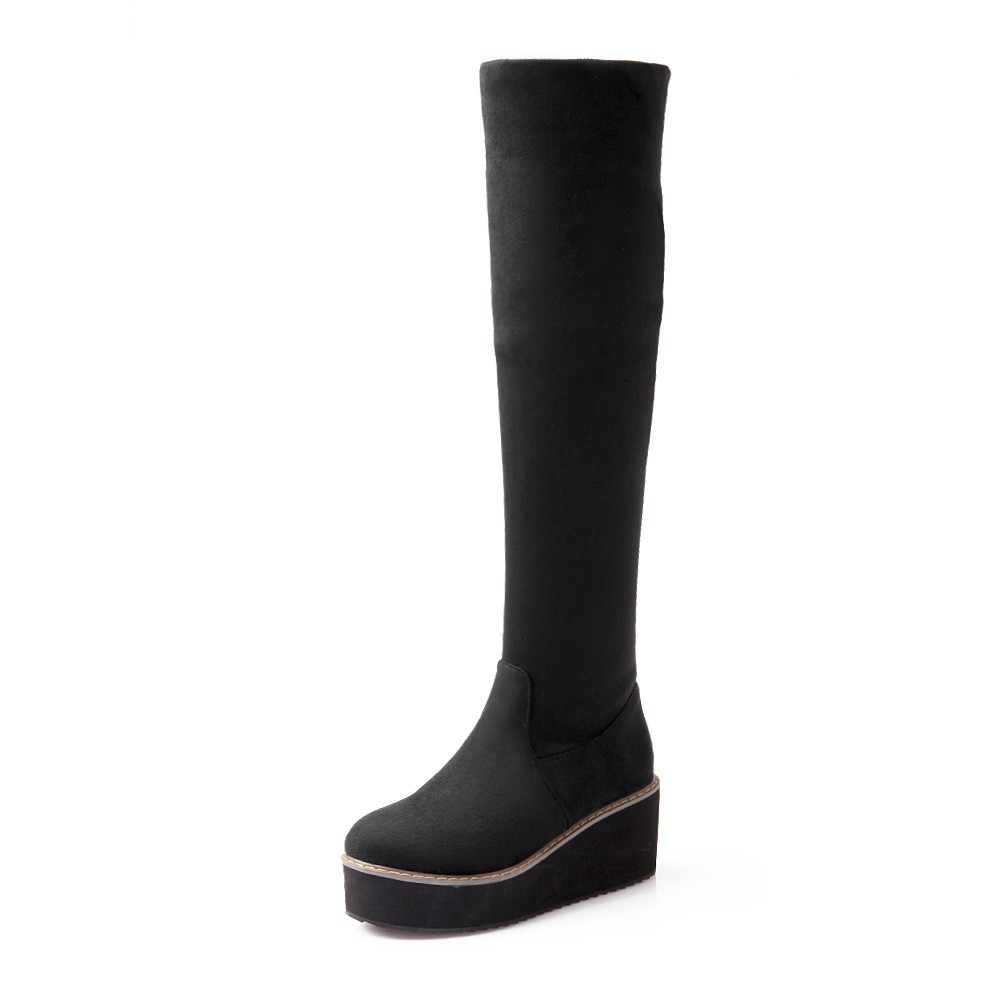 Stretch Nubuck&PU Black Red Blue Wedge Platform Women Thigh High