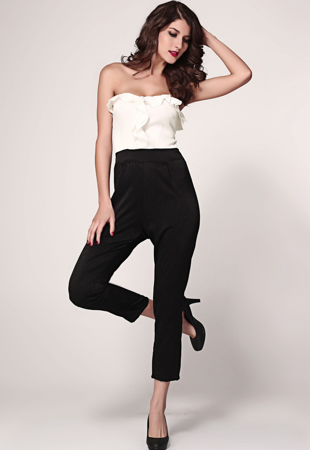 White-Black-Bandeau-Jumpsuit-with-Frill-Front-LC6225-1-4