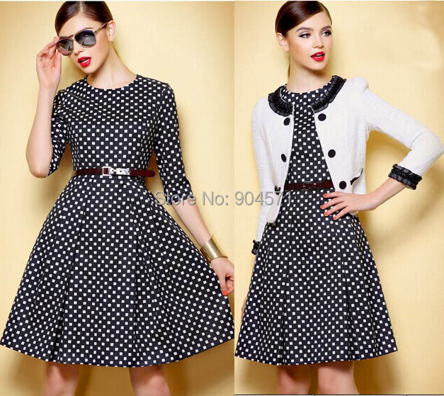 Spring Autumn Winter Women Dress Plaid Half sleeve Black and White font b Chequered b font