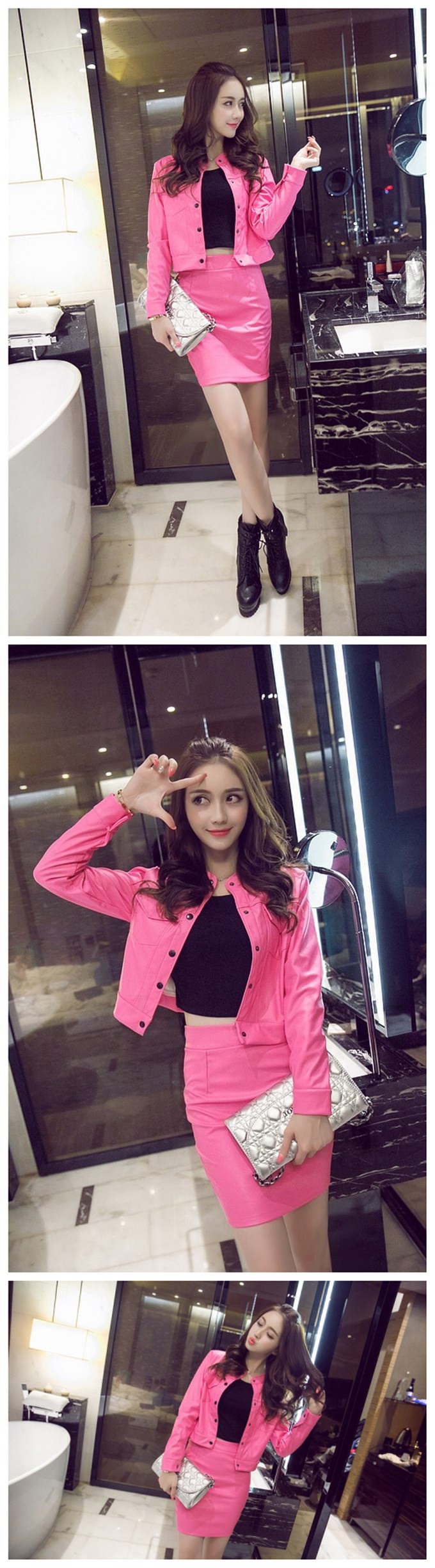 Buy Spring Autumn 2 Piece Set Women Single-breasted PU Leather Short Jacket Top And Skirt Set RM-87 cheap Spring Autumn 2 Piece Set Women Single-breasted PU Leather Short Jacket Top And Skirt Set RM-87