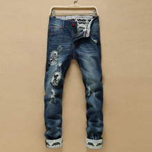2016 New men jeans ripped embroidery Stylish hole straight jeans Cotton true religious jeans men clothing