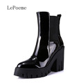 Thick With Ankle Boot Autumn Winter Black Pointed Toe Shoe High Quality Full Grain Leather Patent