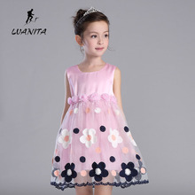 New style summer girls clothes 100% cotton crew neck pink floral dress preppy style ball gown dress free shipping