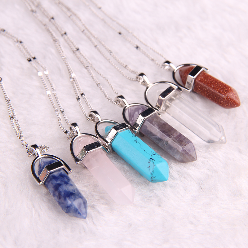 Image of 16 Color Quartz Necklaces Pendants Vintage Natural Stone Bullet Crystal Necklace For Women Fashion Jewelry Bijoux Collares Chain