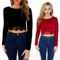 New 2016 Women Sexy Crop Top Stylish Long Sleeve Knitted O Neck Lace Splicing Short T
