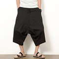 Low Drop Loose Male Summer Pants Men Linen Harem Wide Leg Capri Pants Baggy Hemp Bloomers