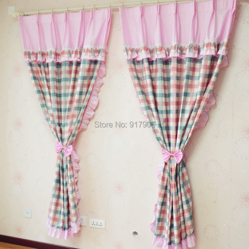 2014 New Pink Plaids Print Curtains Set Modern Custom Made Girls