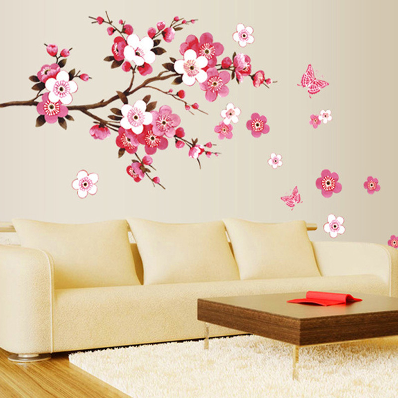 Image of DU# Cherry Blossom Wall Poster Waterproof Background Wall Sticker for Living room Bedroom Cafe Home Decor Free Shipping