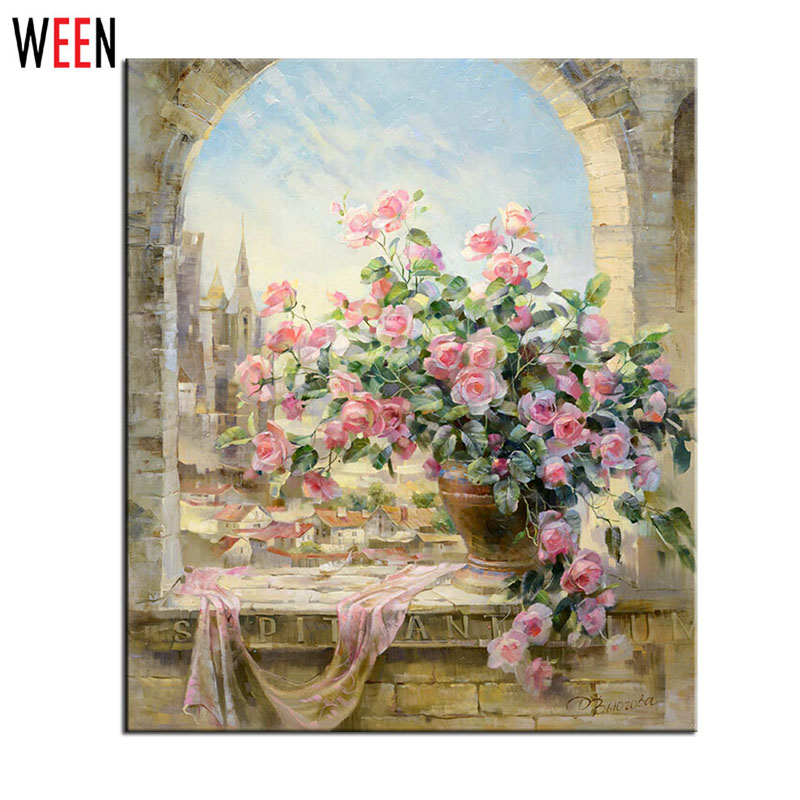 Image of Frameless Window Flowers Scene DIY Painting By Numbers Kits Coloring Painting By Numbers Home Decoration Wall Art Picture