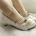 New Fashion Style Handmade Lace Pearl Princess Shoes Low Heel Bowtie Amond Toe Shoes Evening Party