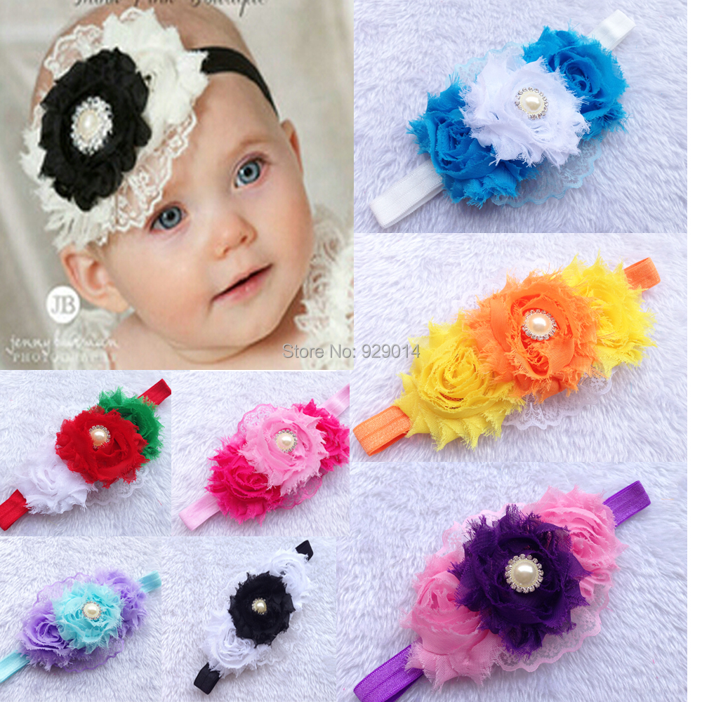 wholesale 30pcs high quanlity triple shabby frayed flower lace flat pad rhinestone pearl beads button with FOE shimmery headband