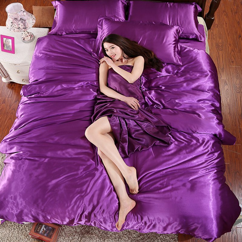 100% Pure Satin Silk Bedding Set Queen Size Bed Sheet Sets Bedclothes Solid Duvet Cover Set Sheet