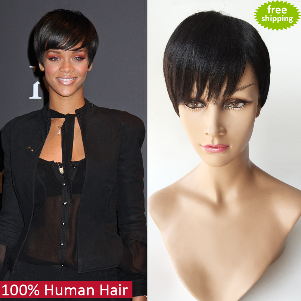 Image of 100% unprocessed 7A top grade front full lace human hair wigs machine made glueless Rihanna Chic Cut Short Wigs for black women