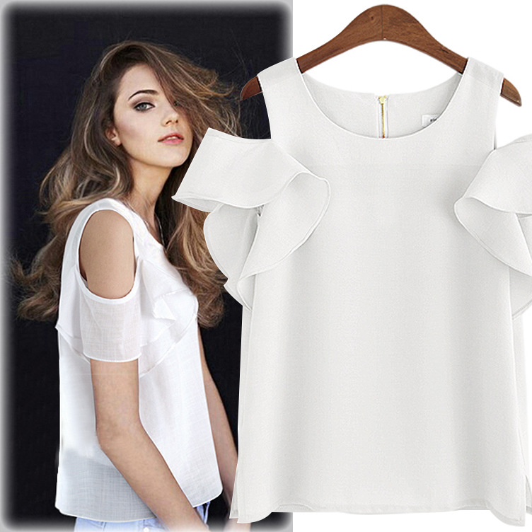 2016 Summer New Style Plus Size Ruffled Strapless Ladies White Chiffon Shirts Short Sleeved Fashion All-match Slim Women Blouses
