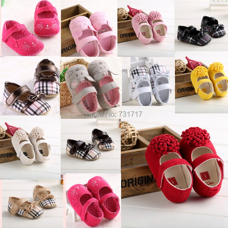 2015 New Fashion Lovely Soft Contton Bowknot Animal Prints Grid Infant Toddler First Walkers Casual Baby