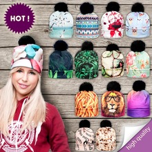 2015 New 3D Print Hats for Women Autumn and Winter Cap Multi Colors Warm Hat Fashion Lady Hats Ball Pom Skully Beanies PY212
