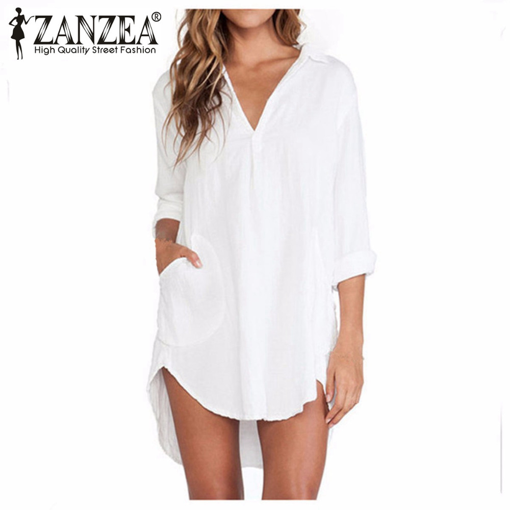 Image of Zanzea Blusas Femininas 2016 Sexy Women Sheer White Shirts Dress Long Sleeve Pocket Casual Blouse Tops Plus Size Mini Dress
