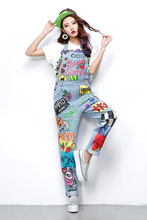 2016 Brand New Womens Denim Overalls Female Loose Causual Summer Color Graffiti Printing Fashion Jeans Bib Jumpsuits J1603
