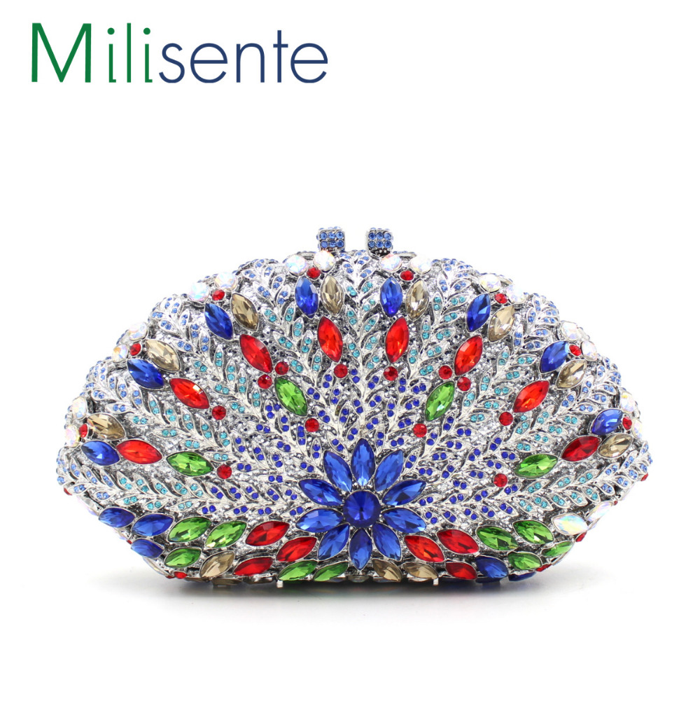 Фотография Milisente Top Sale Flower Style Crystal Clutches Like Feather Of Peacock Beautiful Choice Of Any Show Yourself Occasion Fashion