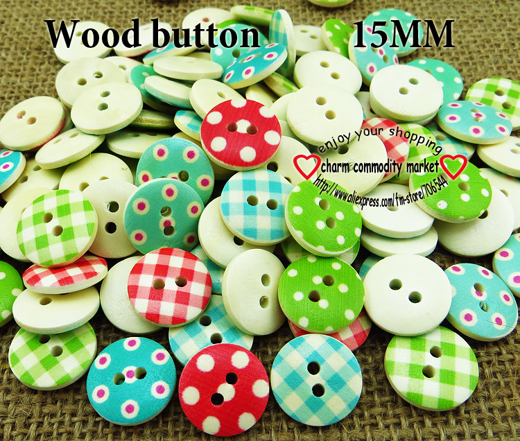 Image of 100PCS NEW Mixed color 15mm polka dot polka dot rustic plaid handmade diy accessories small wooden buttons Sewing Supplies