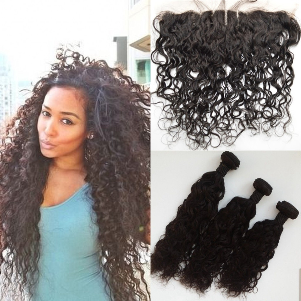 Peruvian water wave virgin hair bundles with lace frontal closure,natural black,no shedding no tangle,DHL FREE SHIPPING