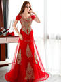 MZY629 Long tulle floor length red bead lace appliqued short sleeve V neck low back sexy