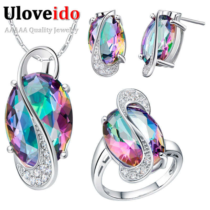 Image of 50% off Wedding Jewelry Sets for Brides 925 Sterling Silver Colored Stud Earrings Ring Necklace Bridal Jewelry Set Teng T155