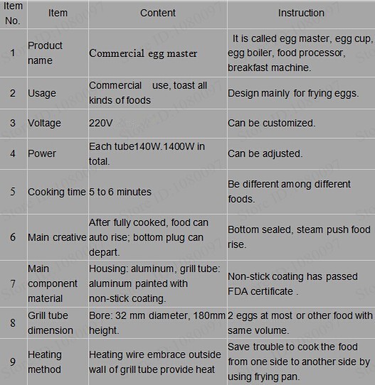 Description Picture 3 of itemElectric 10 tubes egg boiler;Egg roll fry machine;breakfast egg machine egg roll making machine