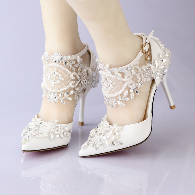 The summer pointed lace pearl diamond wedding shoes stage high heeled sandals wedding bride shoes